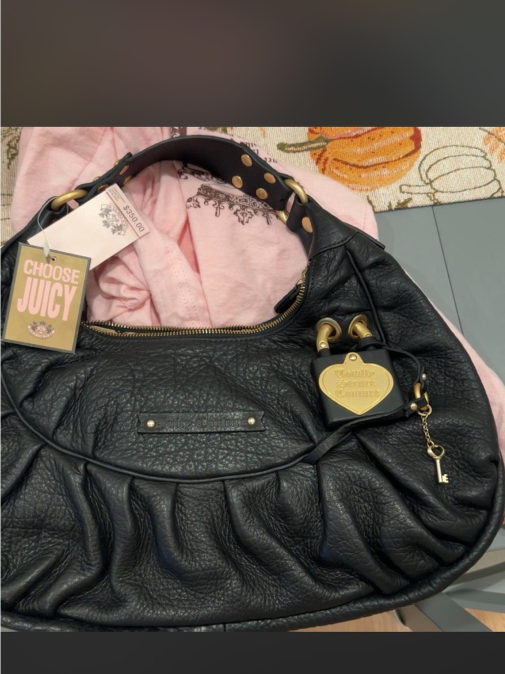 Juicy Couture vintage Black Leather Hobo Bag with Gold Heart Lock